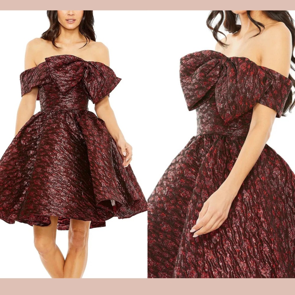 NWT Mac Duggal [ 8 ] 68622 Brocade Off The Shoulder Mini Dress in Ruby Red J1732 - Picture 2 of 12